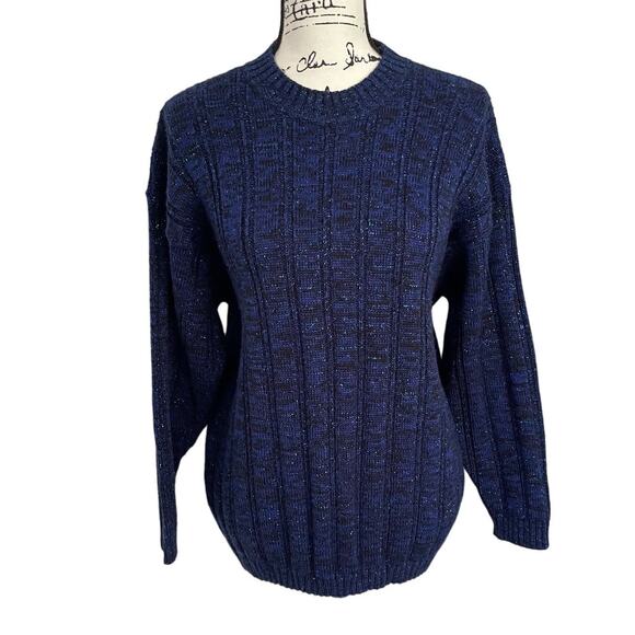 Vintage 1980s Crewneck Sweater Blue Metallic Wool Blend Pullover Oversized - Picture 3 of 9